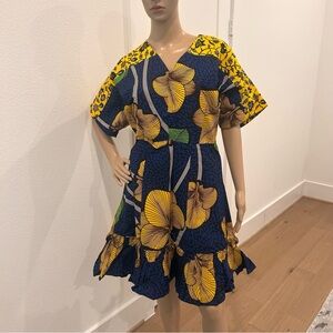 African Floral Print V-Neck Dress. New